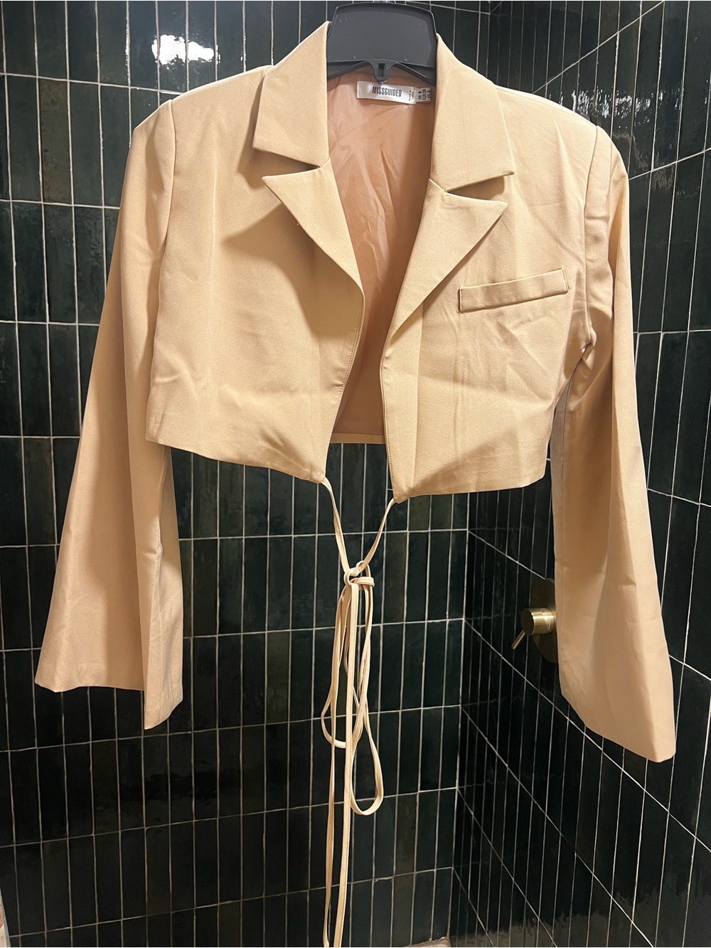 Missguided Cropped Wrap Tie Blazer in Beige